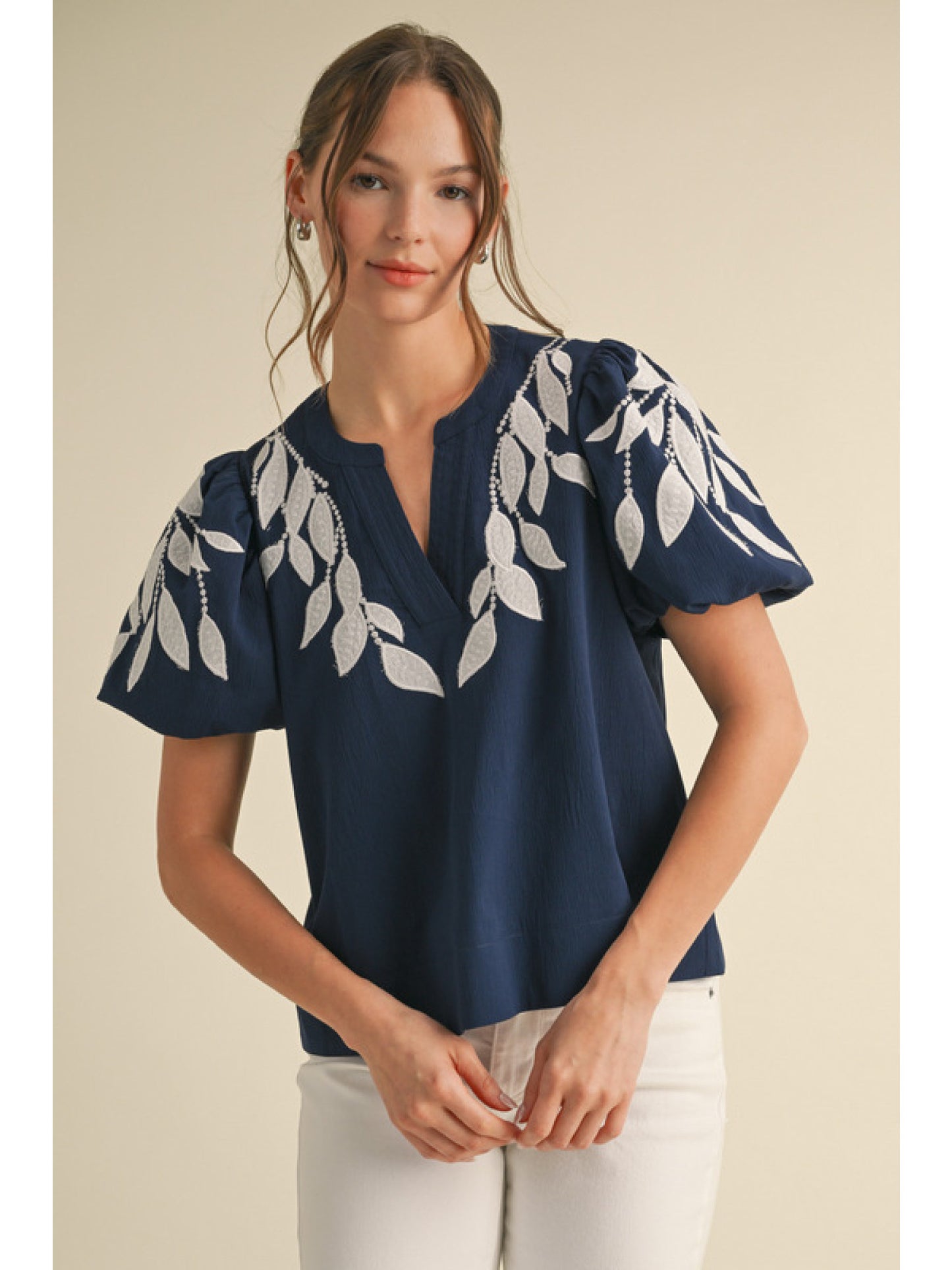 Embroidered Puff Sleeve Top