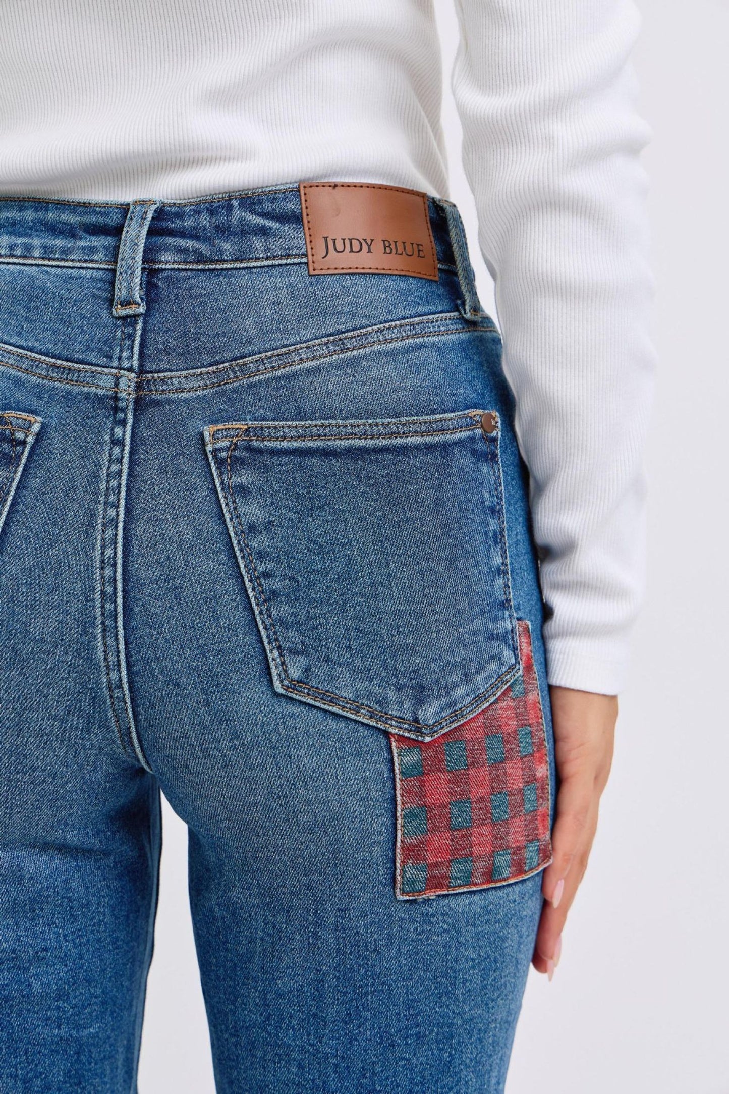 Judy Blue High Waist Plaid Patch Slim
