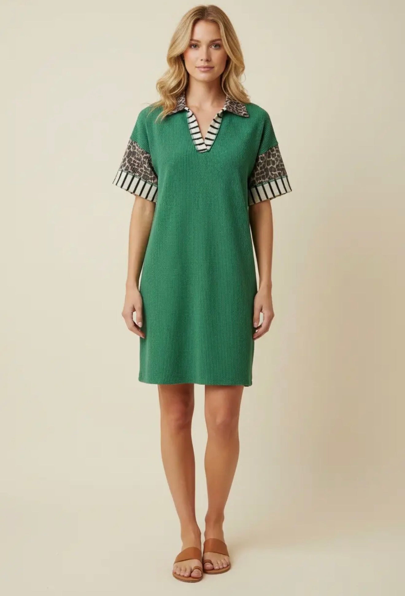 Leopard Print Ribbed Green Dress