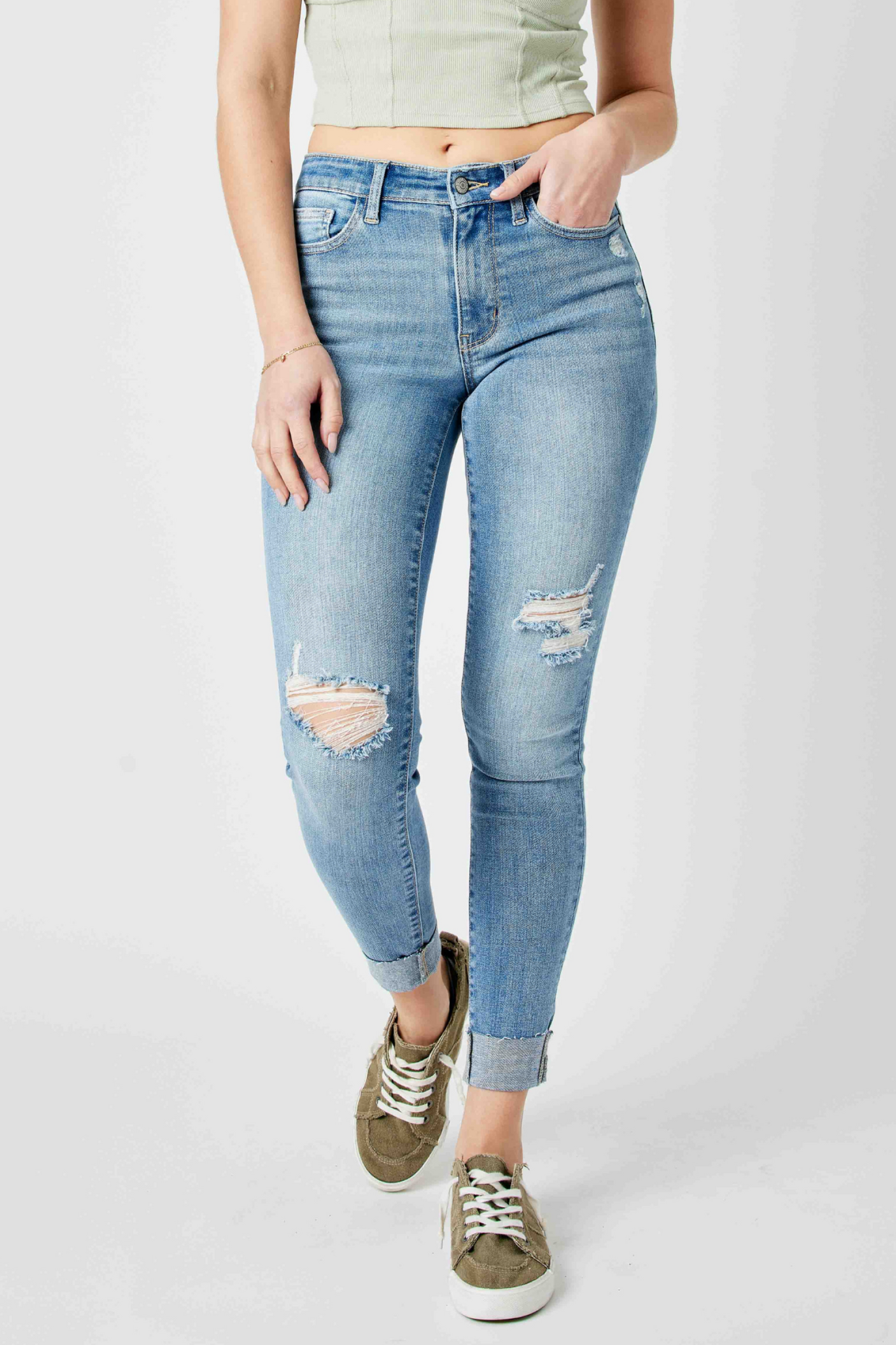 Judy Blue Mid Rise Destroy & Cuffed Skinny