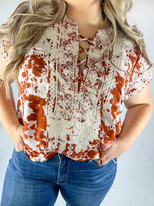 Embroidered Cow Print Top
