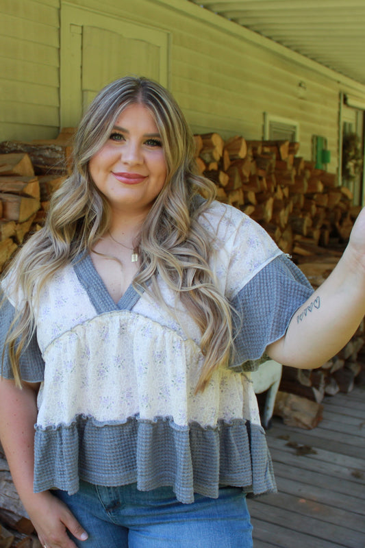 V-Neck Short Sleeve Ruffle Top