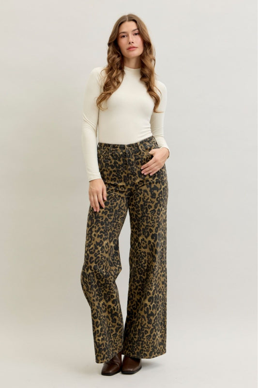 Judy Blue Leopard High Waist Retro Wide Jeans