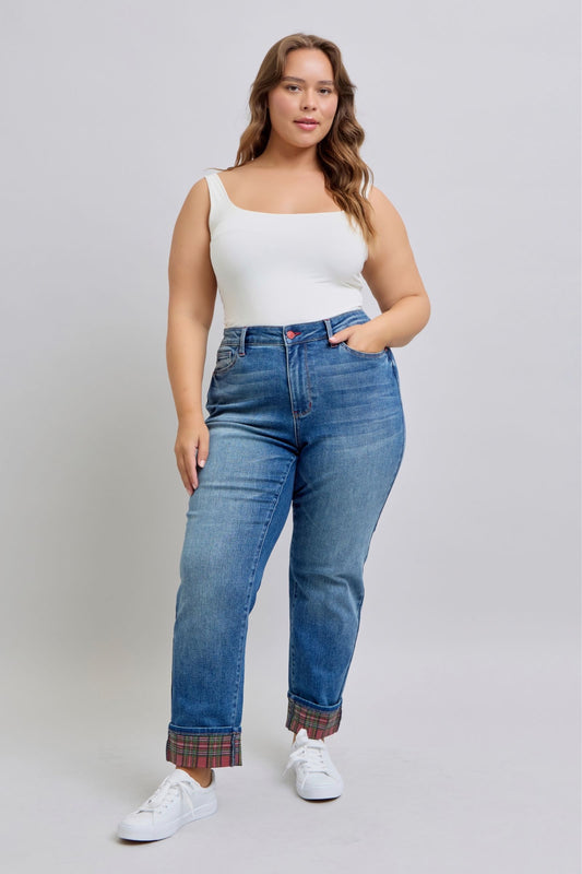 Judy Blue Mid Rise Plaid Print Cuff Boyfriend Fit