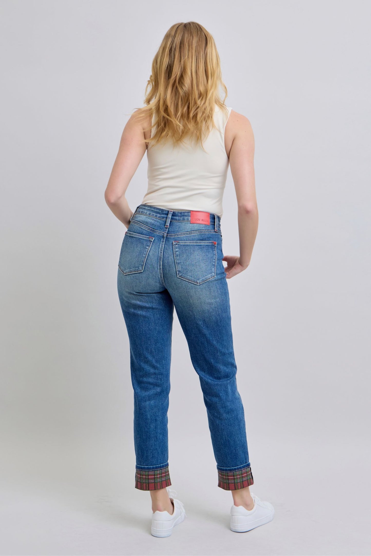 Judy Blue Mid Rise Plaid Print Cuff Boyfriend Fit