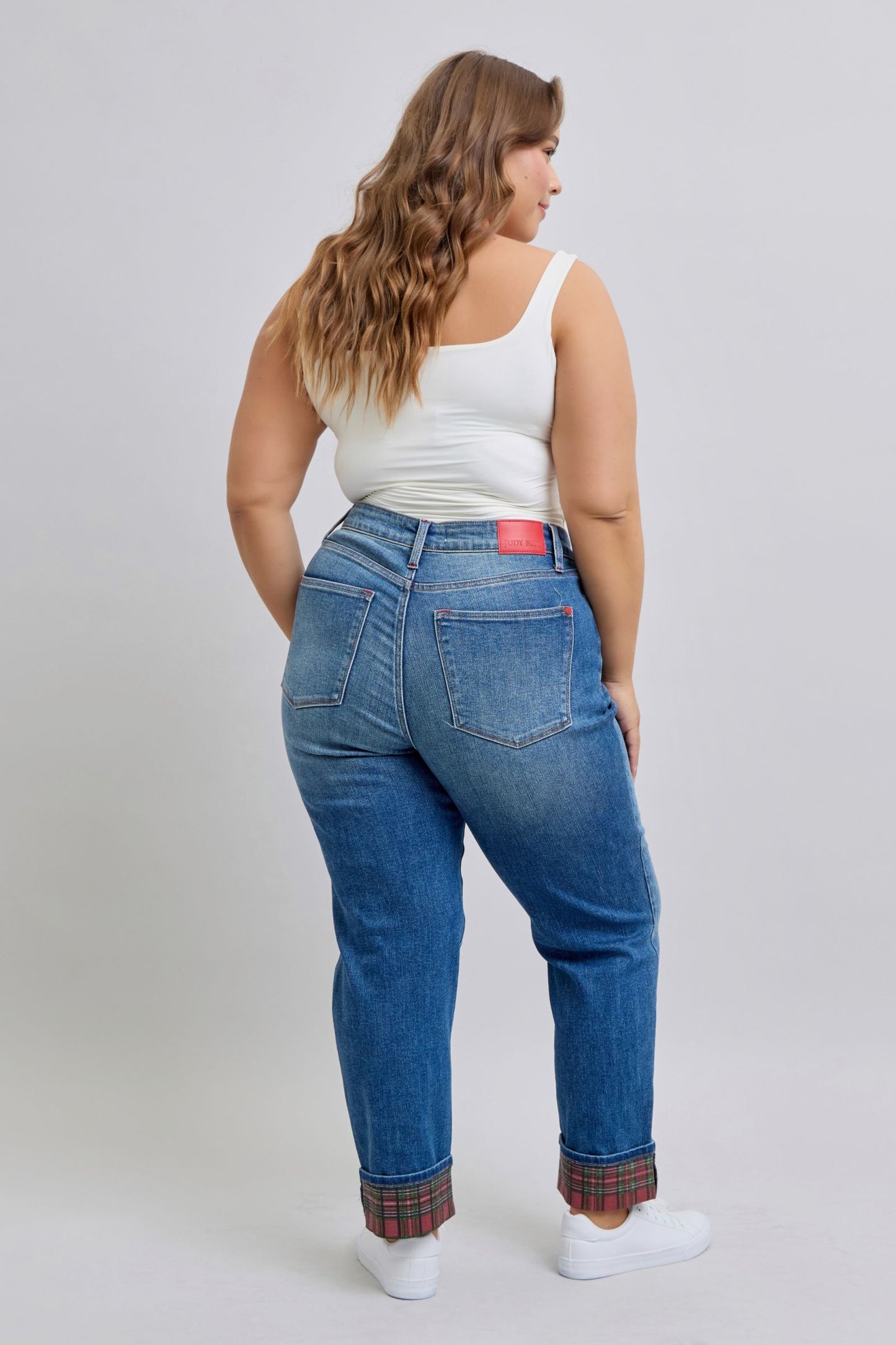 Judy Blue Mid Rise Plaid Print Cuff Boyfriend Fit