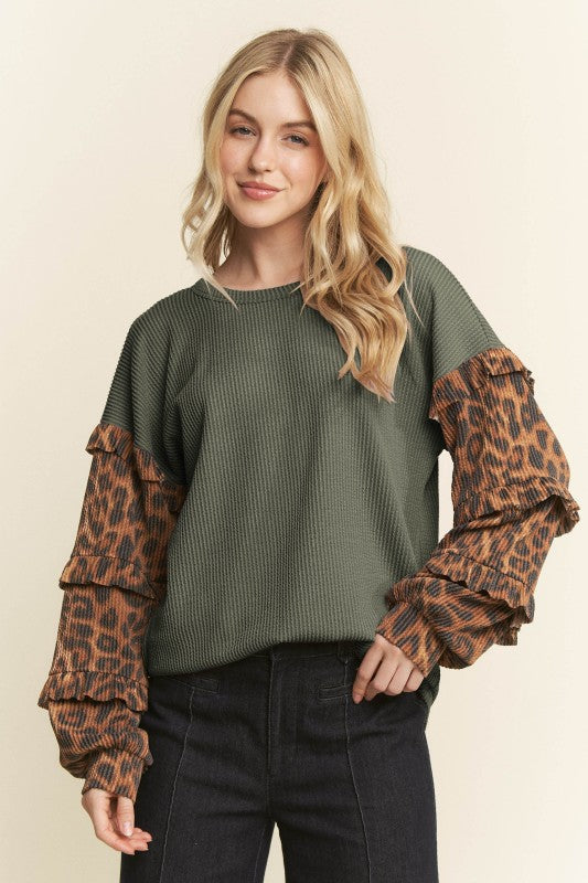Leopard Print Ruffle Long Sleeve Top