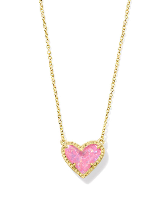 Ari Heart Pendant Necklace Gold Pink Iridescent Glitter Glass
