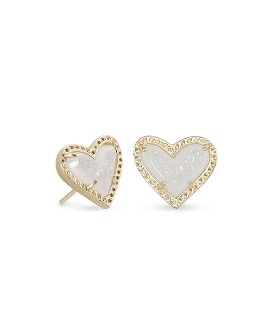 Kendra Scott Ari Heart Gold Stud Earrings Iridescent Drusy