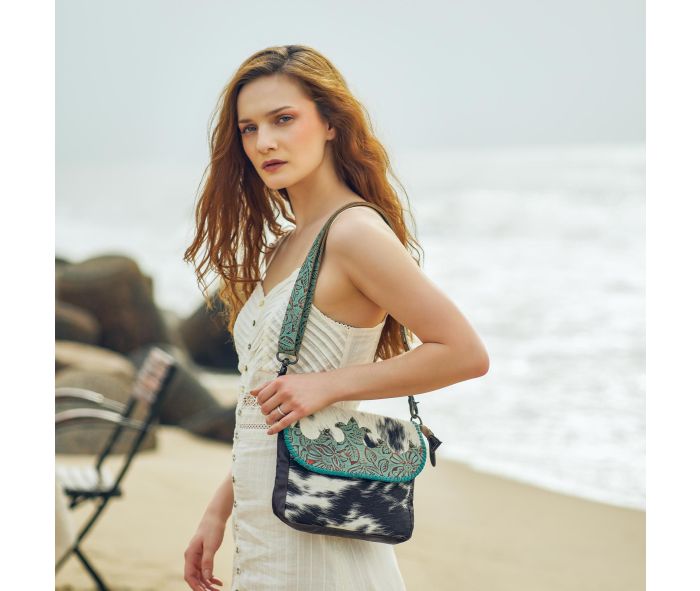 Myra Turquoise Fleurs Leather & Hairon Bag