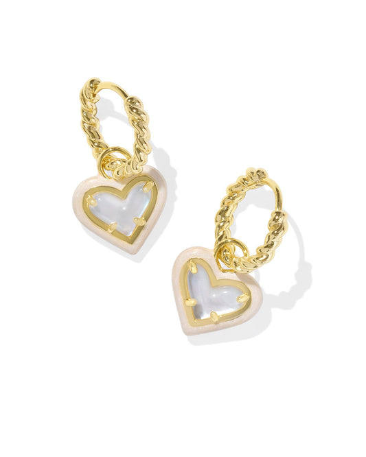 Kendra Scott Ari Heart Enamel Huggie Gold Ivory Mother of Pearl