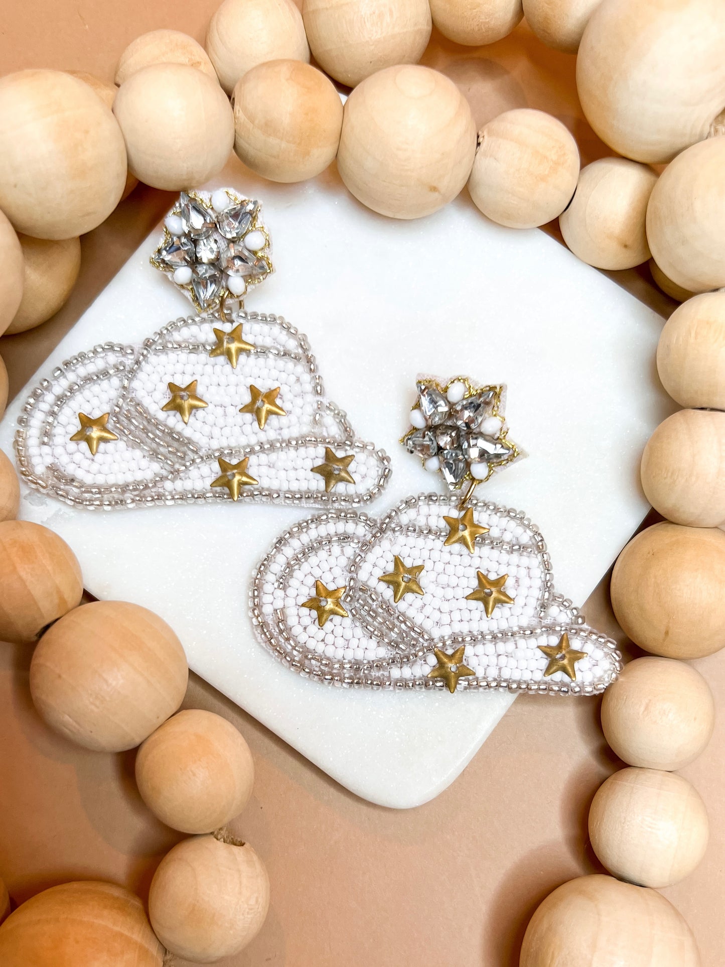White Cowgirl Hat Beaded Earrings