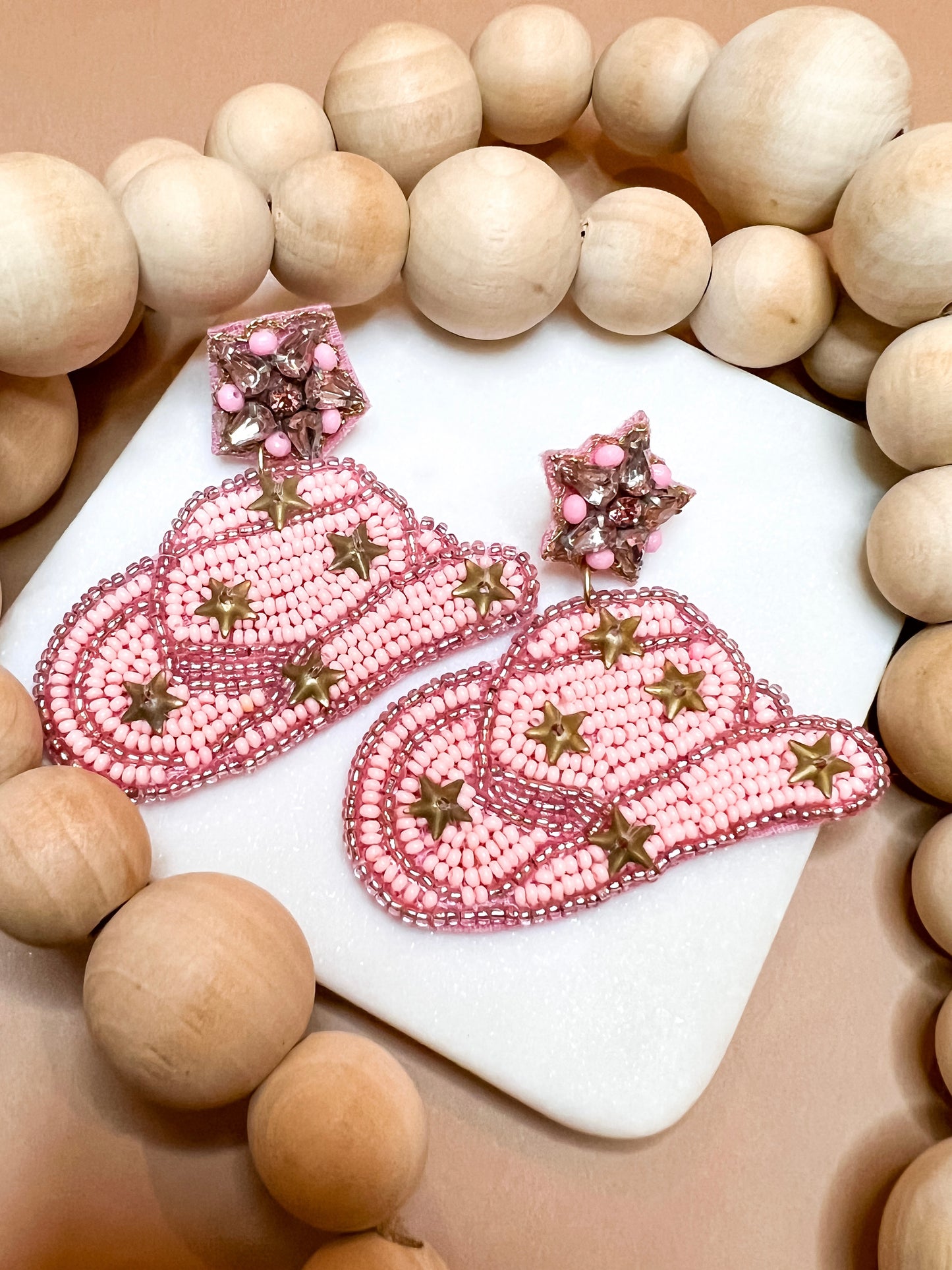 Pink Cowgirl Hat Beaded Earrings