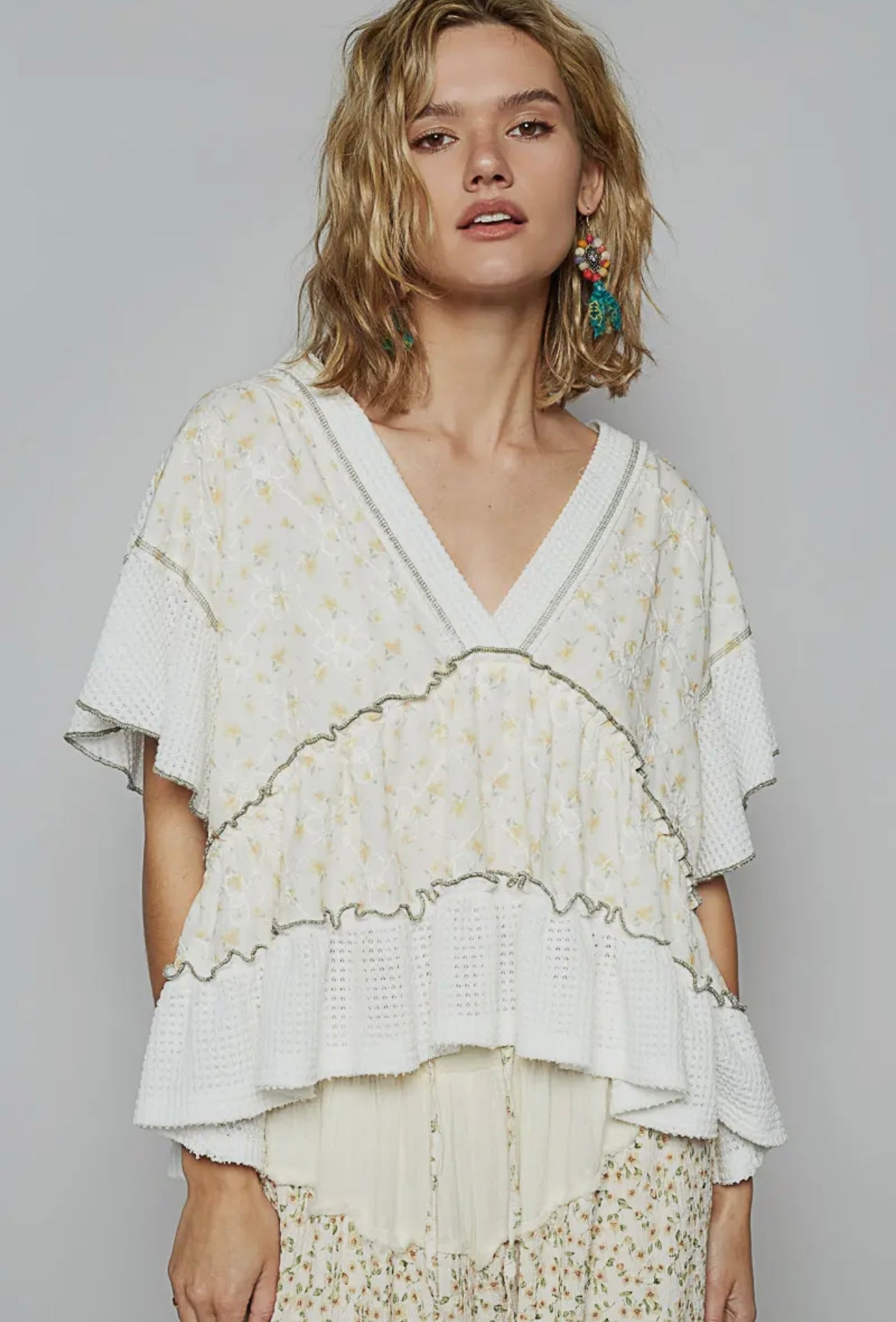 V-Neck Short Sleeve Ruffle Top