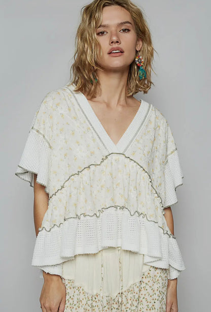 V-Neck Short Sleeve Ruffle Top