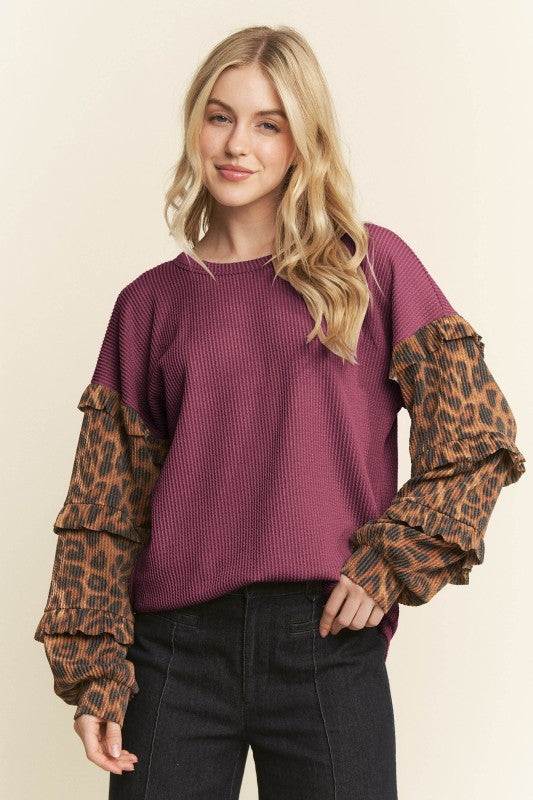 Leopard Print Ruffle Long Sleeve Top