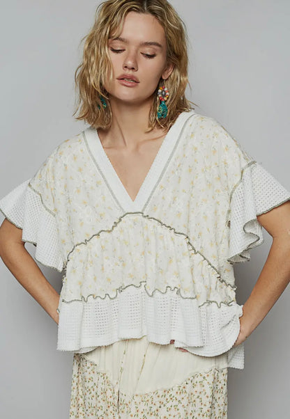 V-Neck Short Sleeve Ruffle Top