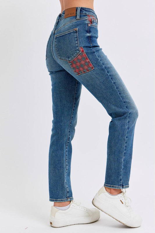 Judy Blue High Waist Plaid Patch Slim