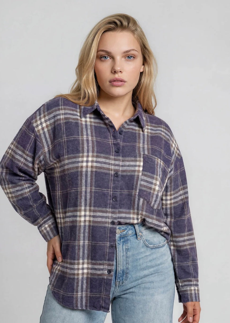 Washed Plaid Button Down Top