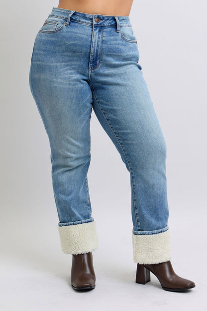 Judy Blue High Waist Shearling Cuff Straight