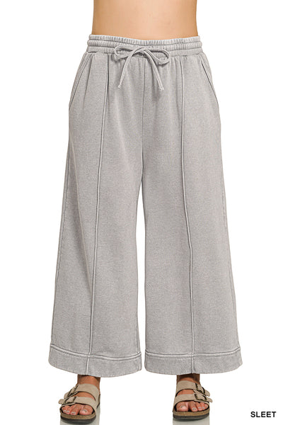 Acid Wash Pintuck Wide Leg Sweat Pants