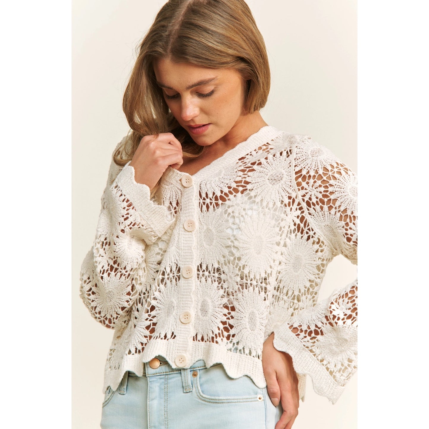 Scallop Floral Crochet Button Down Cardigan