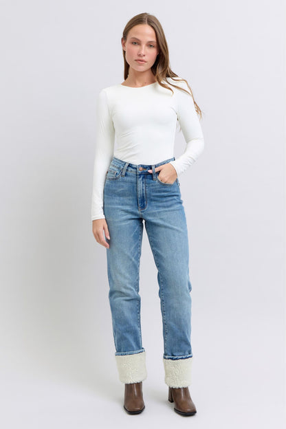 Judy Blue High Waist Shearling Cuff Straight