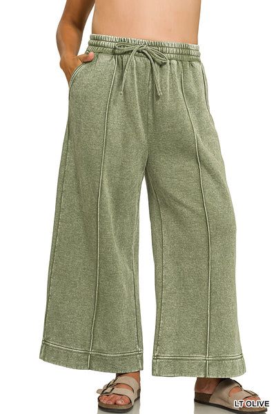 Acid Wash Pintuck Wide Leg Sweat Pants