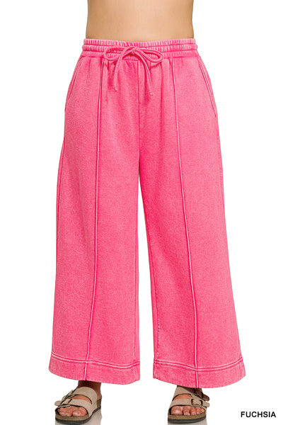 Acid Wash Pintuck Wide Leg Sweat Pants