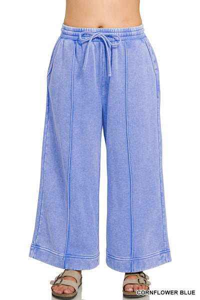 Acid Wash Pintuck Wide Leg Sweat Pants