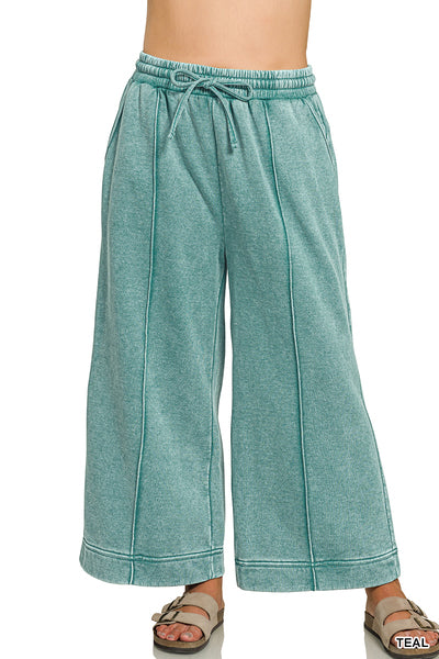 Acid Wash Pintuck Wide Leg Sweat Pants
