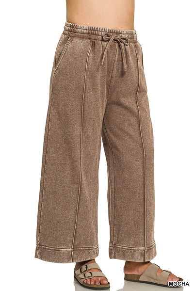 Acid Wash Pintuck Wide Leg Sweat Pants