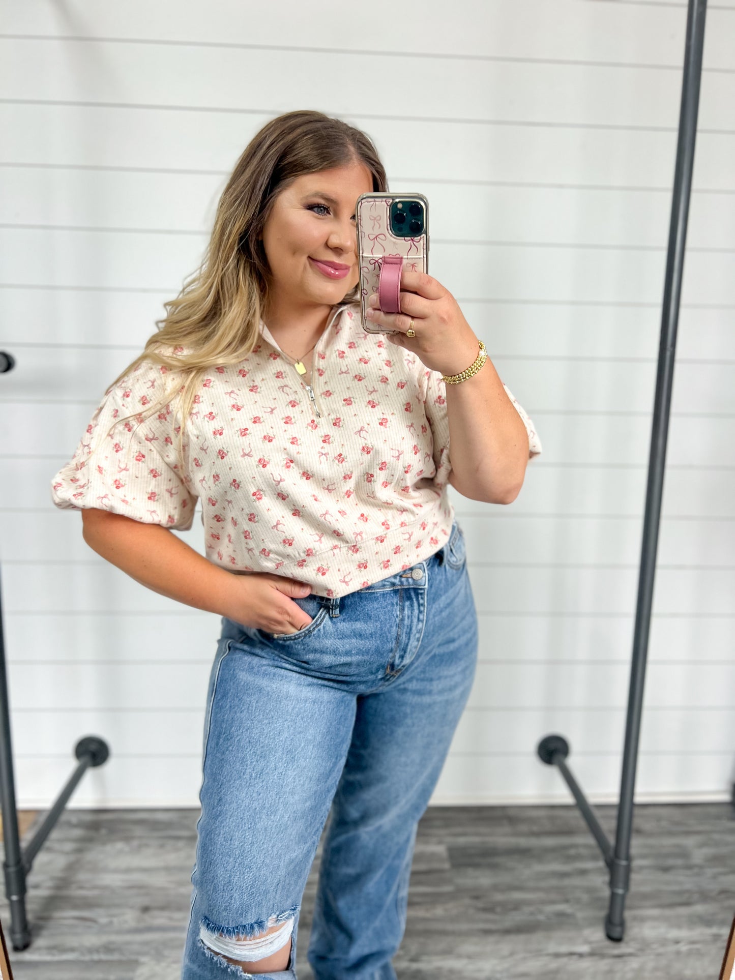 Floral Ribbon Zip Up Knit Top