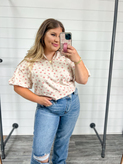Floral Ribbon Zip Up Knit Top