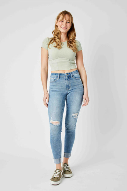 Judy Blue Mid Rise Destroy & Cuffed Skinny