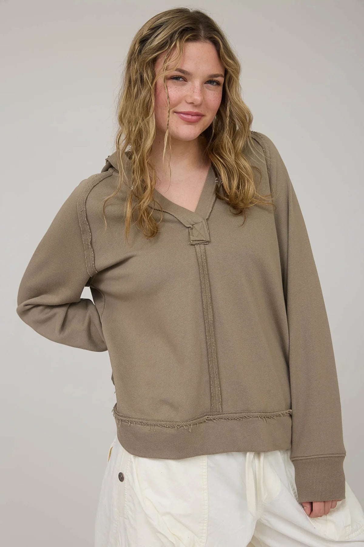 Hooded V Neck Long Sleeve Top