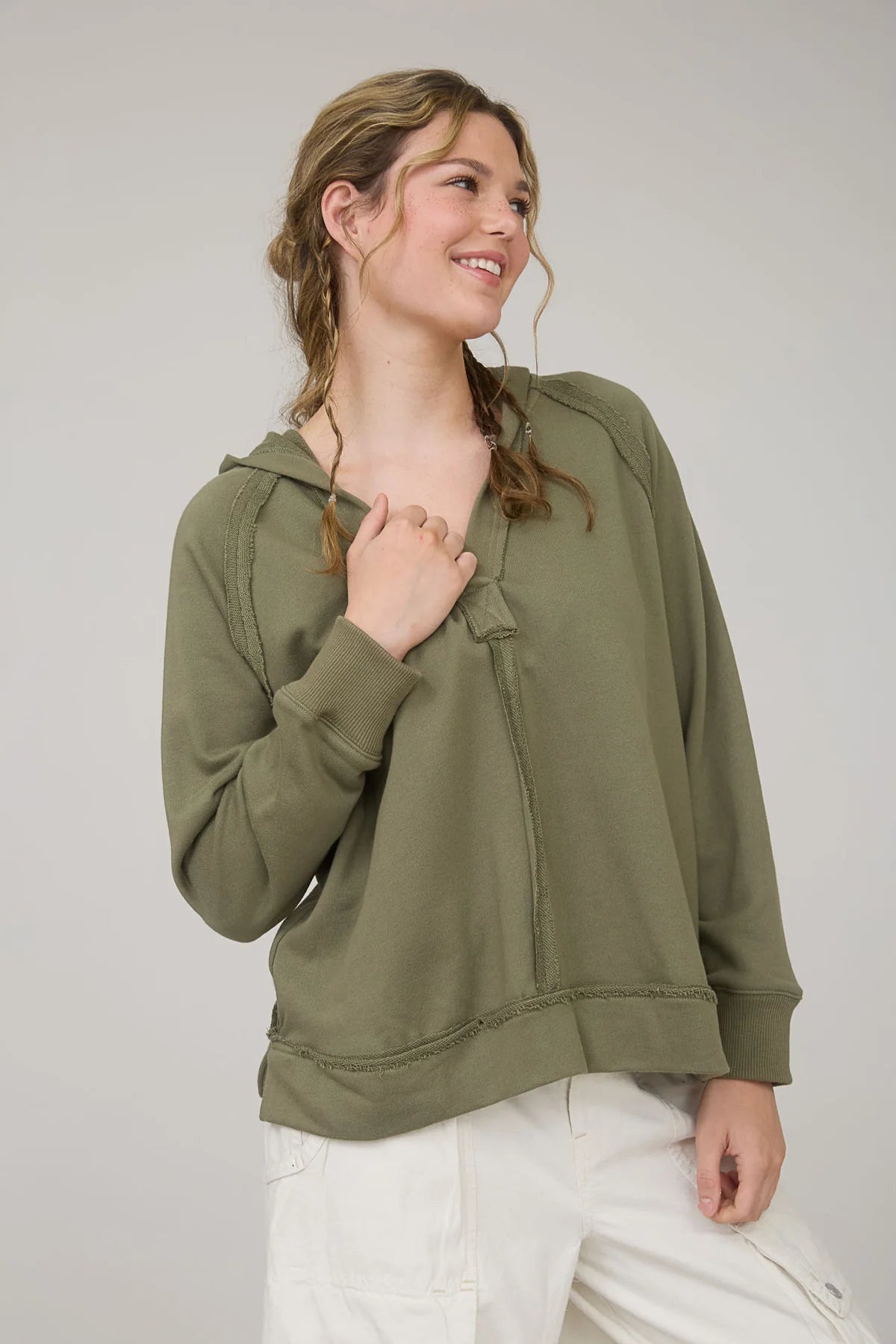 Hooded V Neck Long Sleeve Top
