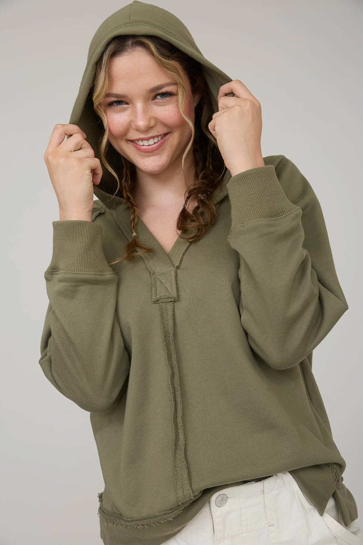 Hooded V Neck Long Sleeve Top