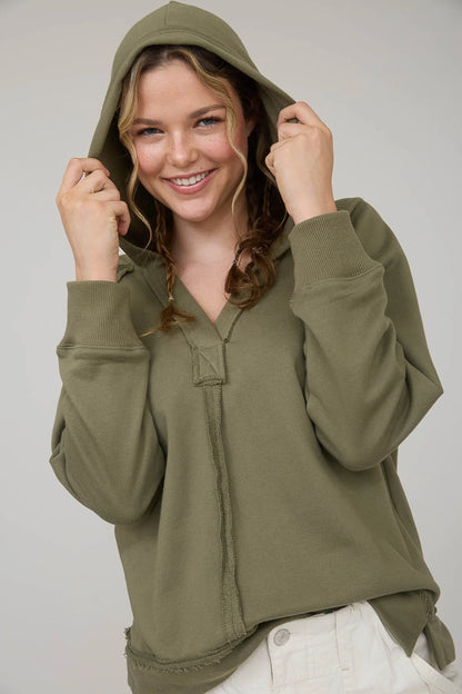 Hooded V Neck Long Sleeve Top