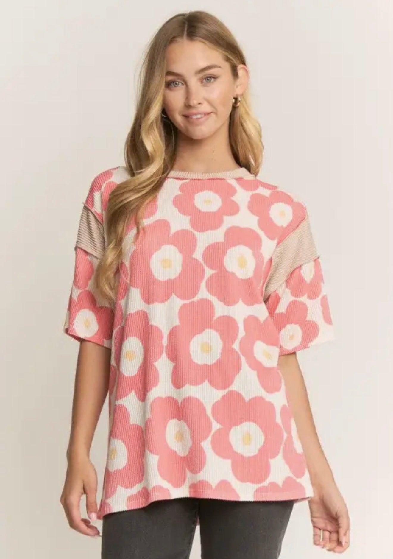 Colorblock Flower Ribbed Top