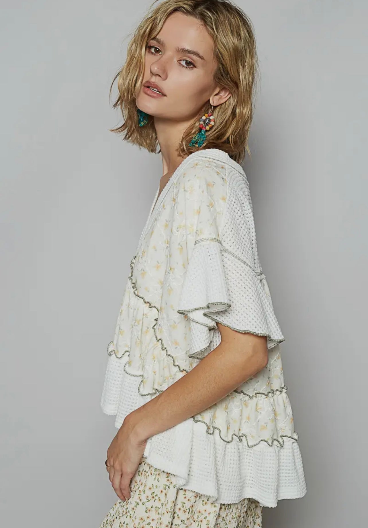 V-Neck Short Sleeve Ruffle Top
