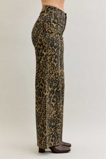 Judy Blue Leopard High Waist Retro Wide Jeans