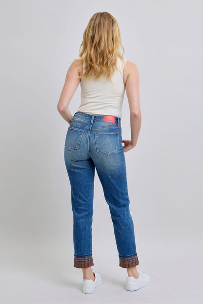 Judy Blue Mid Rise Plaid Print Cuff Boyfriend Fit