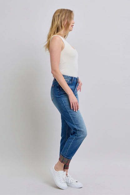 Judy Blue Mid Rise Plaid Print Cuff Boyfriend Fit