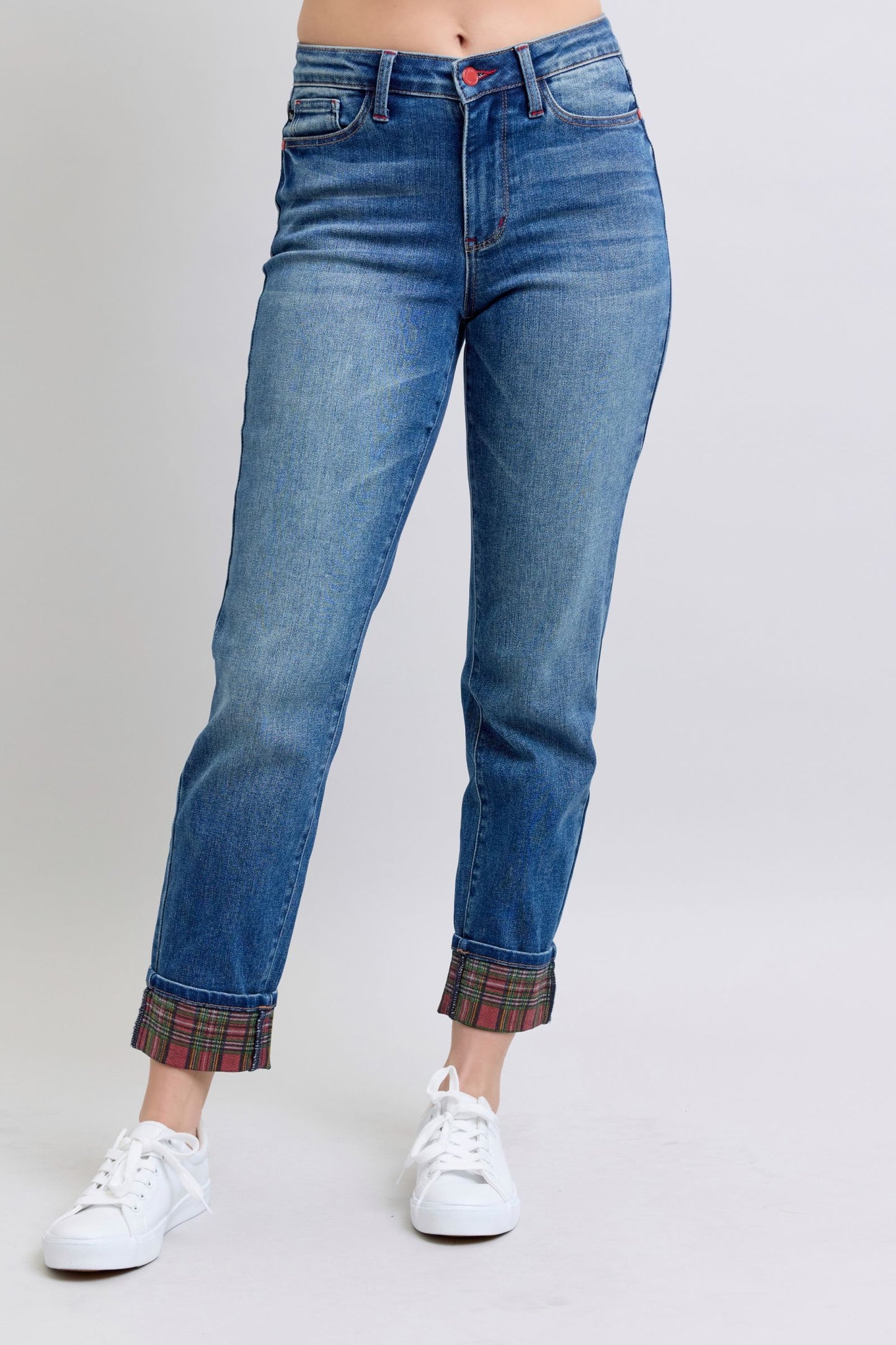 Judy Blue Mid Rise Plaid Print Cuff Boyfriend Fit
