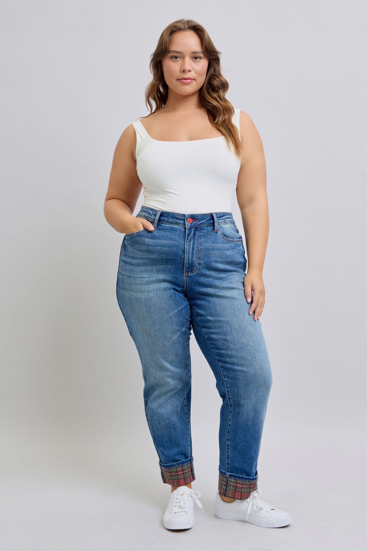 Judy Blue Mid Rise Plaid Print Cuff Boyfriend Fit