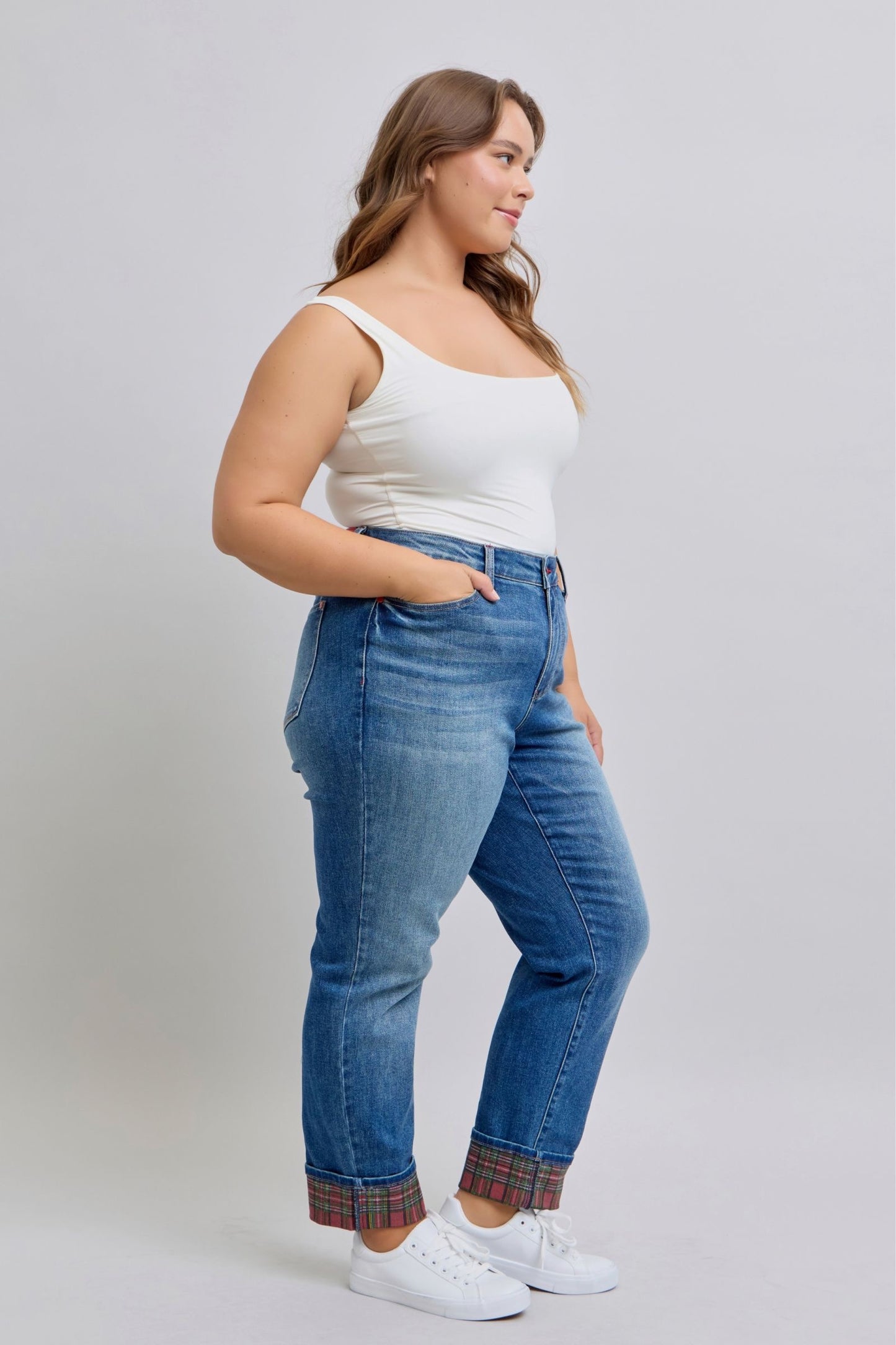 Judy Blue Mid Rise Plaid Print Cuff Boyfriend Fit