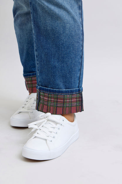 Judy Blue Mid Rise Plaid Print Cuff Boyfriend Fit