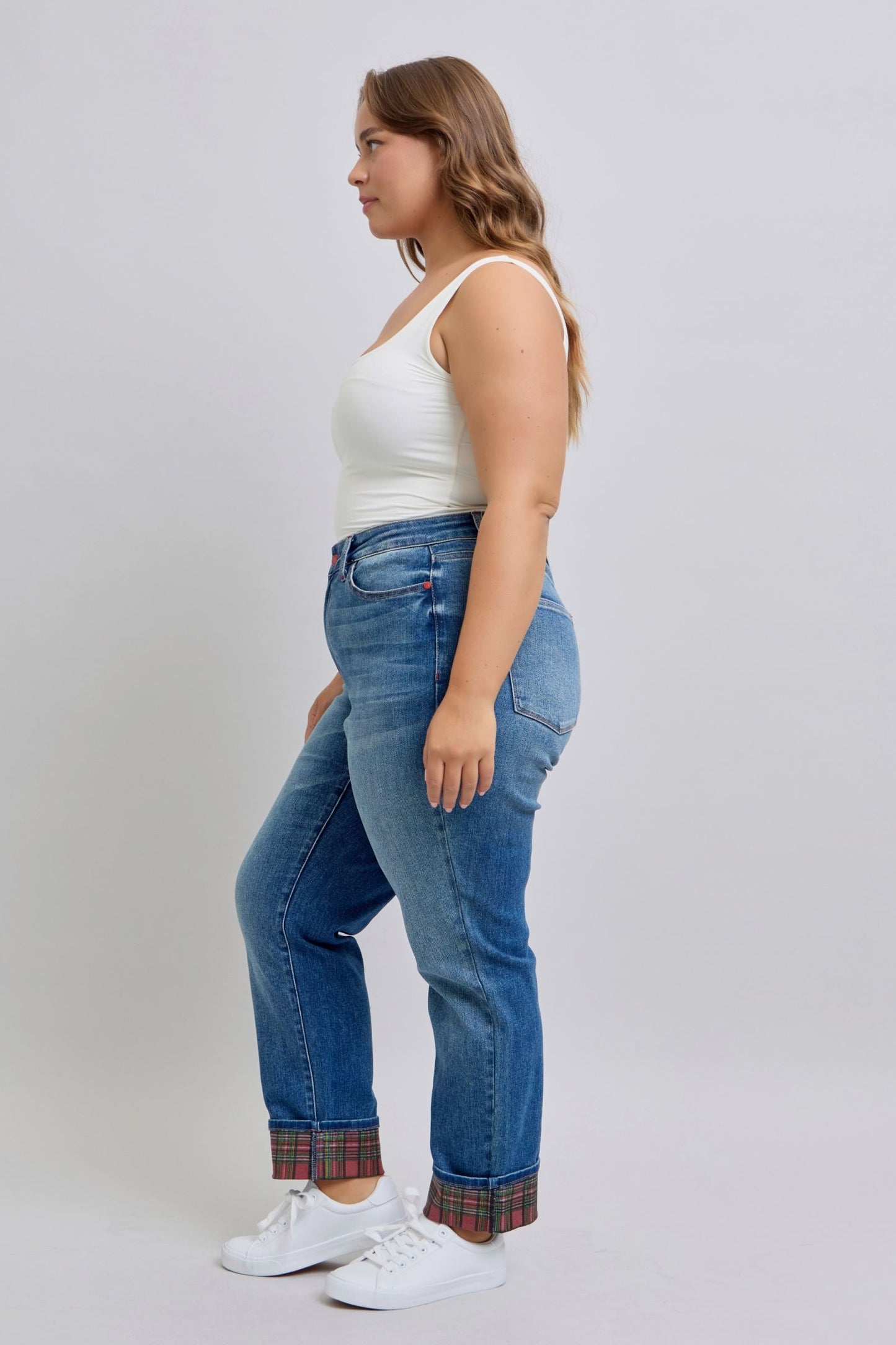 Judy Blue Mid Rise Plaid Print Cuff Boyfriend Fit