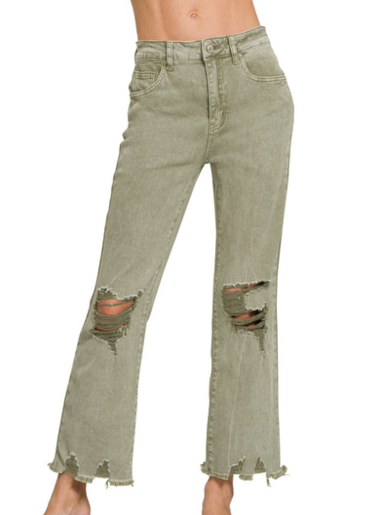 Acid Wash Distressed Cropped Pants